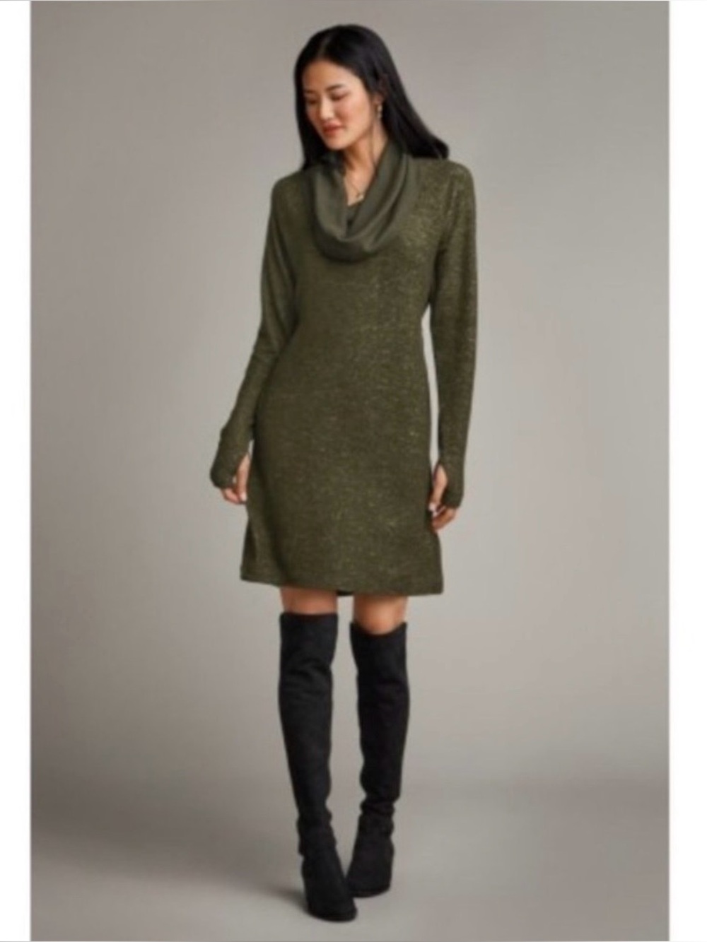Cabi Solace 4016 Cowl Neck Sweater Dress Olive Heather Cinch Back M Cozycore